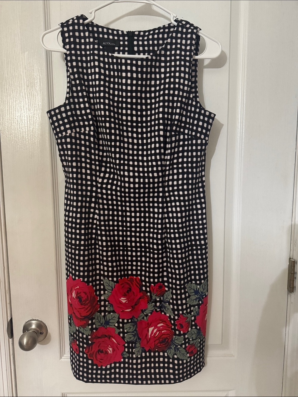 Alyx Black and White Checked Sheath Dress with Red Rose Border